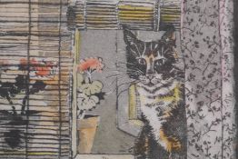 Peeping Tom, 1993 limited edition etching of a cat perched on a windowsill, 1/1000, initialled in