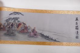 A Chinese printed watercolour scroll depicting an extensive scene with many seated Lohan in