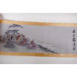 A Chinese printed watercolour scroll depicting an extensive scene with many seated Lohan in