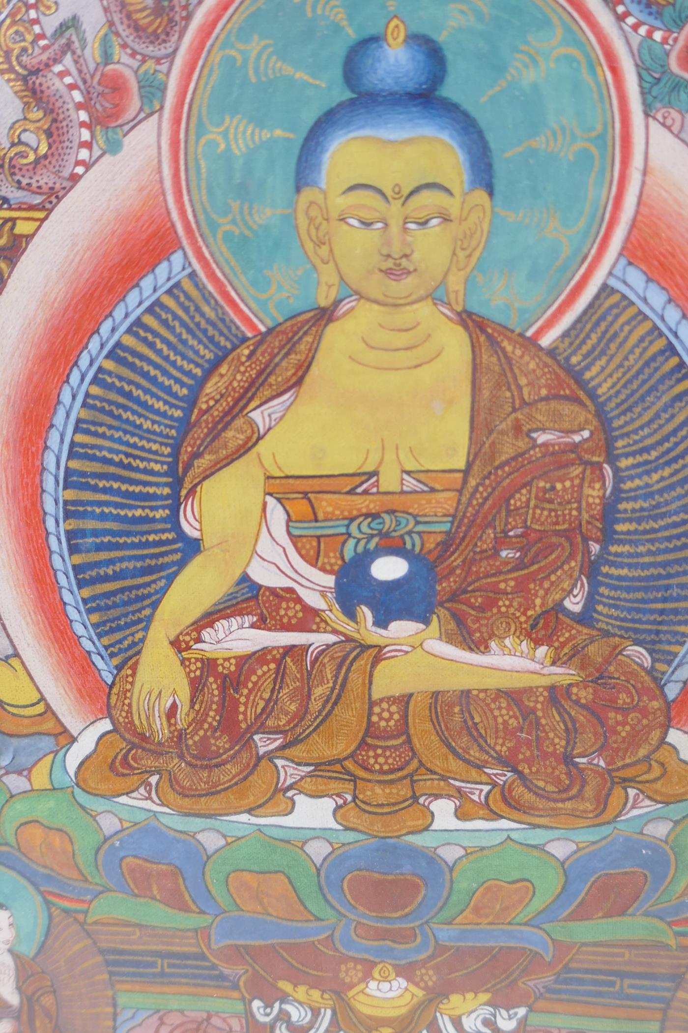 An eastern hand painted thanka with gilt highlights detailing many figures, 35cm x 49cm - Image 3 of 7