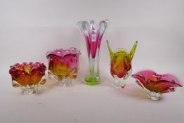 Four mid century glass vases, probably Murano, largest 24cm high, one chipped at base