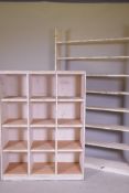 A painted wood shelf rack with pigeon holes and a painted pine open shelf, rack 100cm x 36cm x 134cm