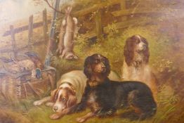 Chas Dudley, hunting dogs with the day's bag, signed, oil on canvas in original gilt frame, 76cm x