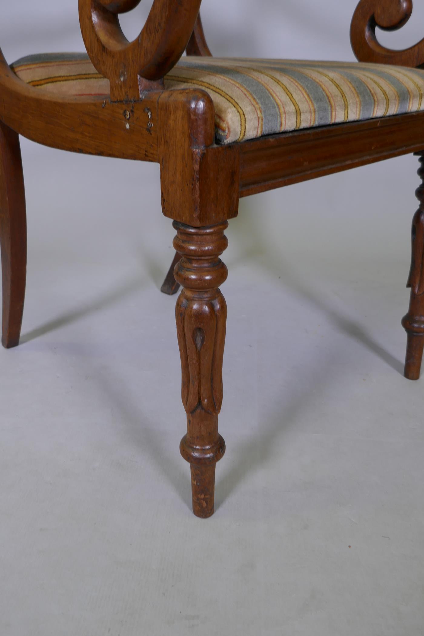 A Georgian style Anglo Indian mahogany carver chair with scroll arms and fluted turned supports - Image 3 of 5