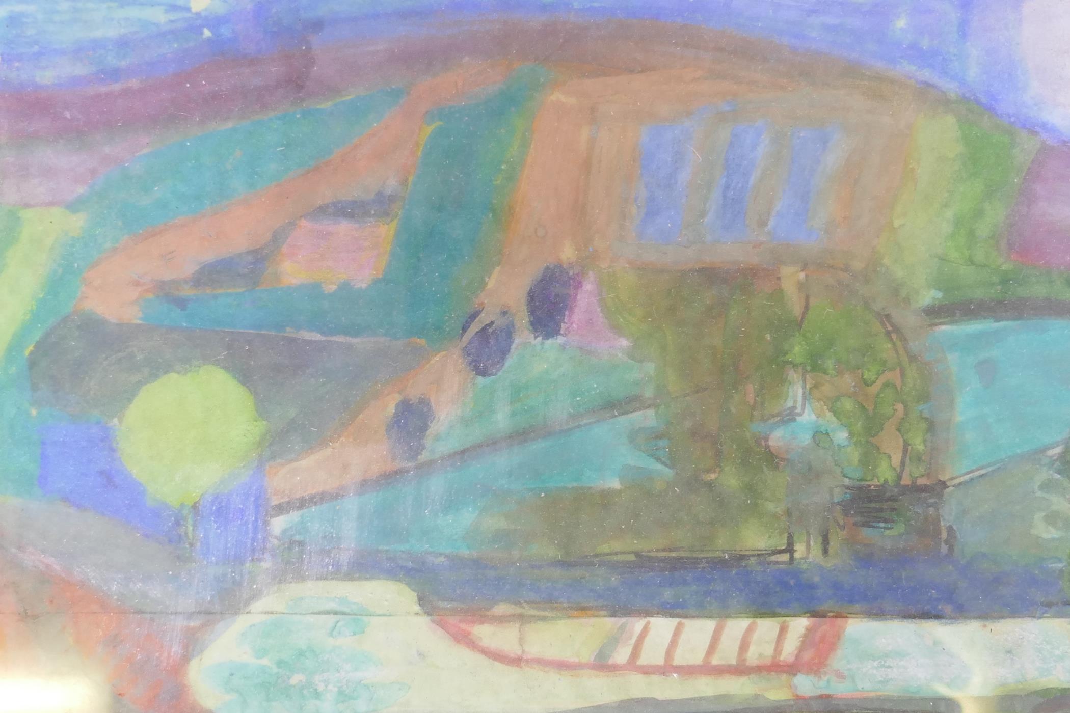 Landscape, mixed media, on paper, unsigned, mid C20th, 50cm x 16cm - Image 3 of 4