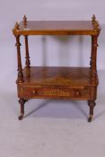 A Victorian inlaid figured walnut two tier occasional table with frieze drawer, 60cm x 39cm x 73cm