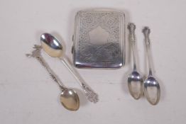 A hallmarked silver cigarette case, ,three hallmarked silver teaspoons, and another, gross 118g