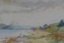 Matt Bruce, lakeside landscape, watercolour, signed, 35cm x 25cm