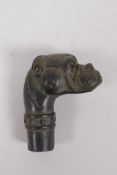 A bronze walking stick handle in the form of a dog's head, 7cm