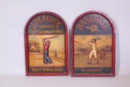 A pair of painted plaques with golf and baseball themes, 50cm high