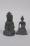 A Tibetan bronze figure of Buddha seated in meditation, and another, largest 7cm high