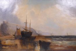 C. Preston, seascape with beached fishing boats on the shore, oil on canvas, signed, AF, 128cm x