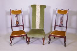 A pair of C19th Art Nouveau side chairs with carved and pierced backs, and a prie deux chair, raised