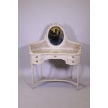 A late C19th French shaped front painted dressing table, with bejewelled glass mirror, double