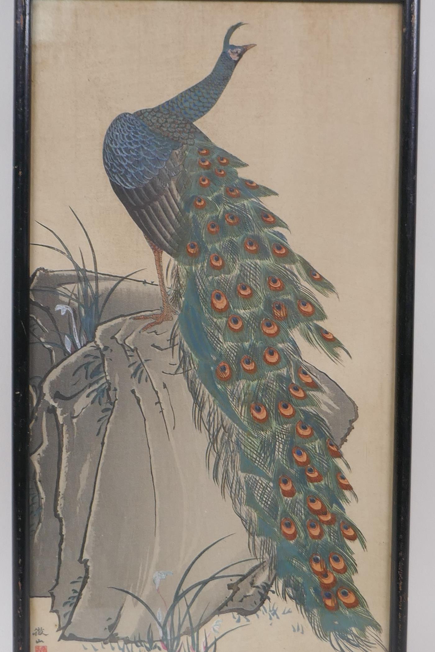 A Japanese Meiji period woodblock print of a peacock, with gilt details signed, 18cm x 34cm - Image 2 of 6