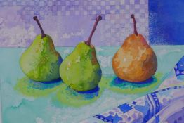 Ginne de Vrooman, still life of pears and material, signed and titled verso Three French Pears,