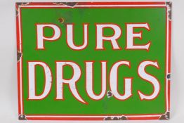 A vintage enamel Pure Drugs sign, 38cm x 29cm