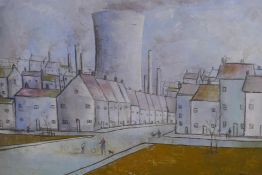 A northern industrial landscape in the manner of Lowry, oil on canvas, signed Marshall, 49cm x 33cm