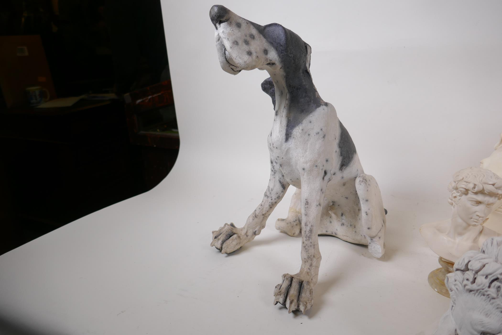 A composition figure of a hound, 35cm high, AF, and five other composition pieces, two heads of - Image 5 of 5