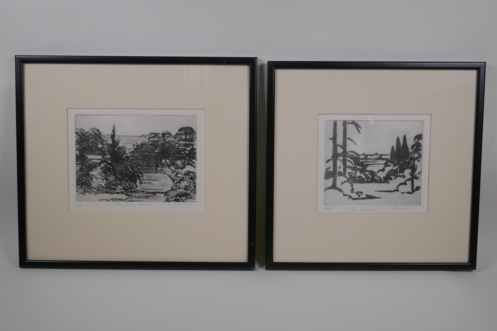 Joy Stewart, The Bridge, and  Country Road, two limited edition etchings, 1/25, pencil signed,