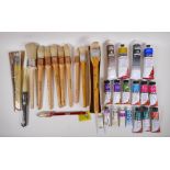 A good collection of artists' brushes including Omega Whistler, Eureka, Winsor & Newton etc, and a