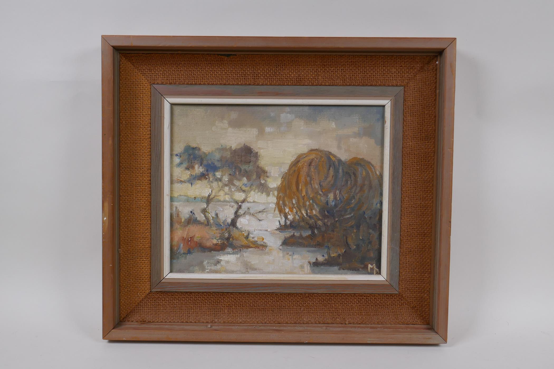 A mid century oil on board, Japanese River, monogramed MD, 26cm x 21cm - Image 2 of 3
