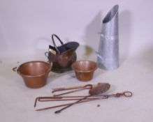 A quantity of copper brass, iron and galvanised metal fireside items including pans, coal