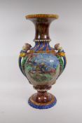 Antique majolica vase with raised and applied decoration, 57cm high
