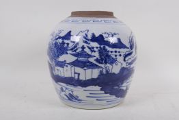 A Chinese ceramic storage jar with blue and white decoration of a water landscape, 22cm high