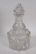 A lead crystal mallet decanter with cut and etched decoration of figures on horseback, stopper AF,