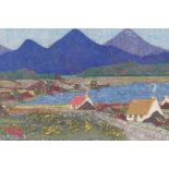 Evelyn MacNeice, lakeside hamlet with distant mountains, Irish tweed picture, embroidered