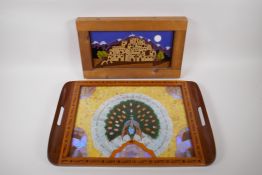 A vintage Brazilian inlaid wood and butterfly wing serving tray with reverse painted peacock