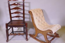 A Victorian slipper chair mounted on a rocker base and a Lancashire ladderback side chair