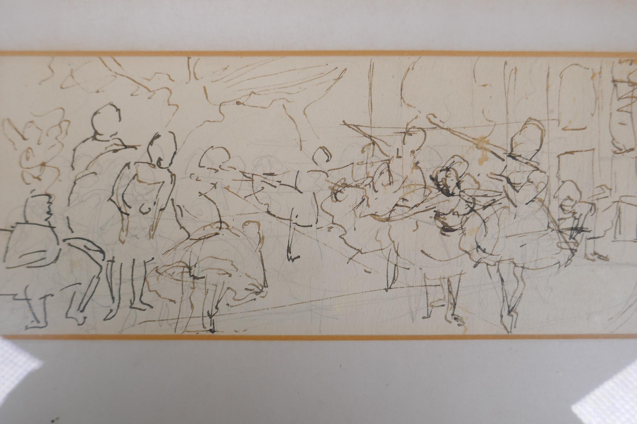 A pair of preliminary sketches for a painting of a ballet class, pen and watercolour, 26cm x 12cm - Image 2 of 3