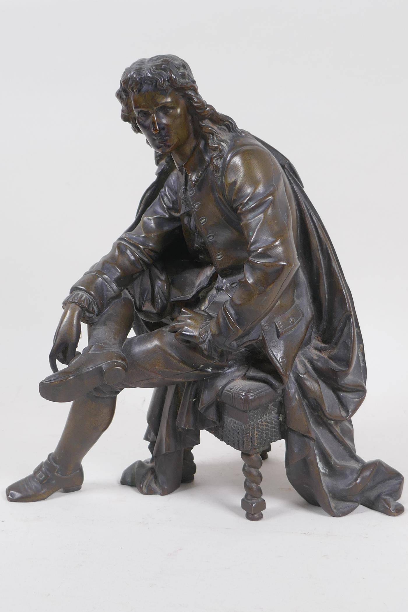 A bronze figure of a seated man in C17th dress, signed Boret?, 24cm high - Image 2 of 6