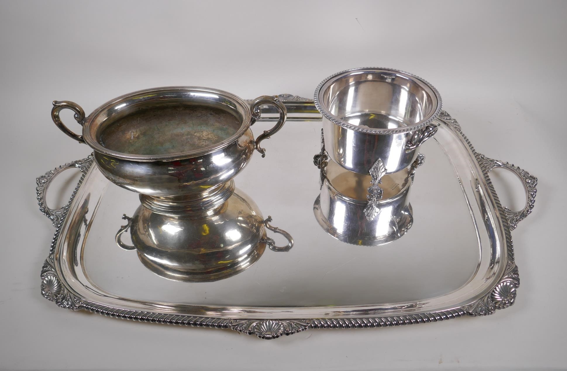 A large silver plated serving tray with cast handles and gadrooned border, 62cm x 49cm, a silver - Image 4 of 4