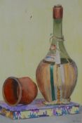 Still life, bottle of wine and a beaker, monogrammed WK (Winifred Knights?), dated 1936, watercolour