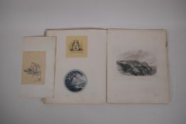 An antique scrap book of C19th and early C20th engravings and sketches, 24cm x 29cm