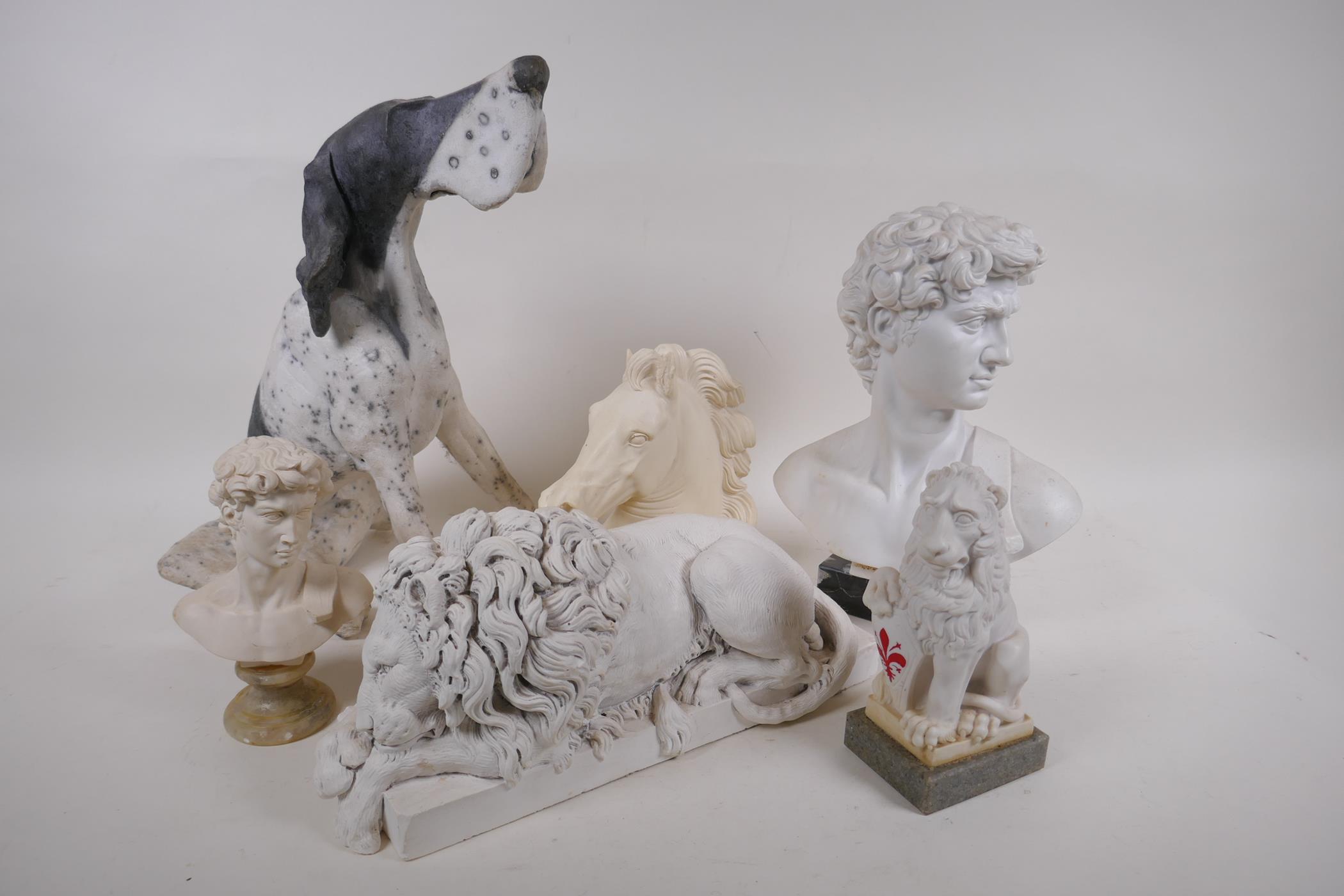 A composition figure of a hound, 35cm high, AF, and five other composition pieces, two heads of
