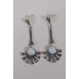 A pair of Art Deco style 925 silver, marcasite and opalite drop earrings, 5cm drop