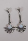 A pair of Art Deco style 925 silver, marcasite and opalite drop earrings, 5cm drop