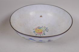 A Cantonese enamel bowl painted with a continuous landscape, 20cm diameter, AF