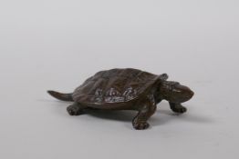 A Japanese bronze okimono turtle, impressed mark to base, 6cm long