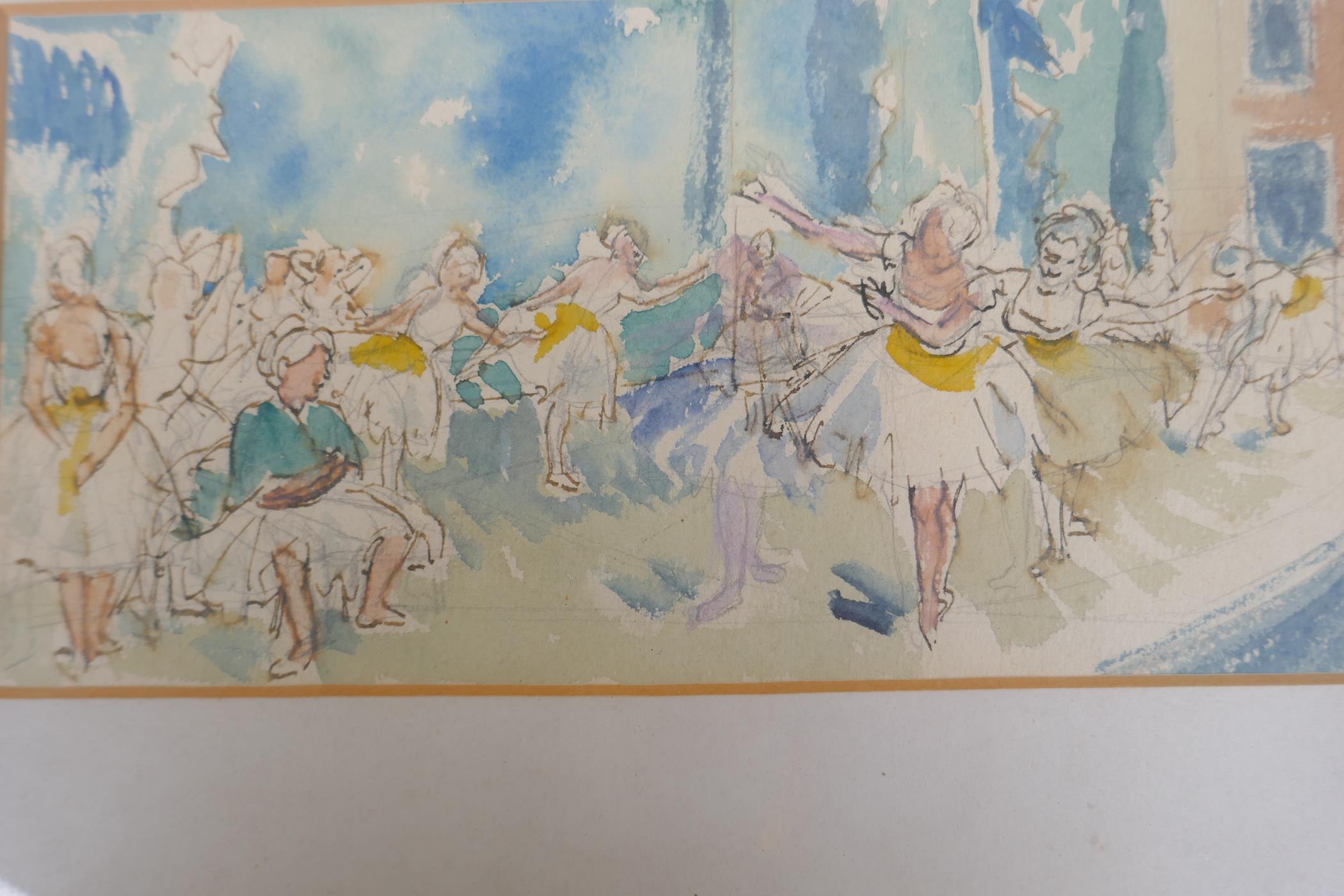 A pair of preliminary sketches for a painting of a ballet class, pen and watercolour, 26cm x 12cm - Image 3 of 3