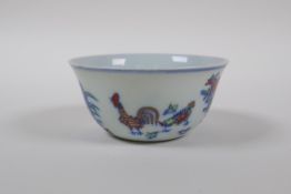 A doucai porcelain chicken bowl, Chinese Chenghua 6 character mark to base