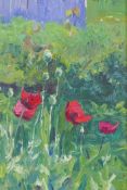 A Russian School oil on board, poppies in a garden, indistinctly signed, circa 1950, 13cm x 23cm