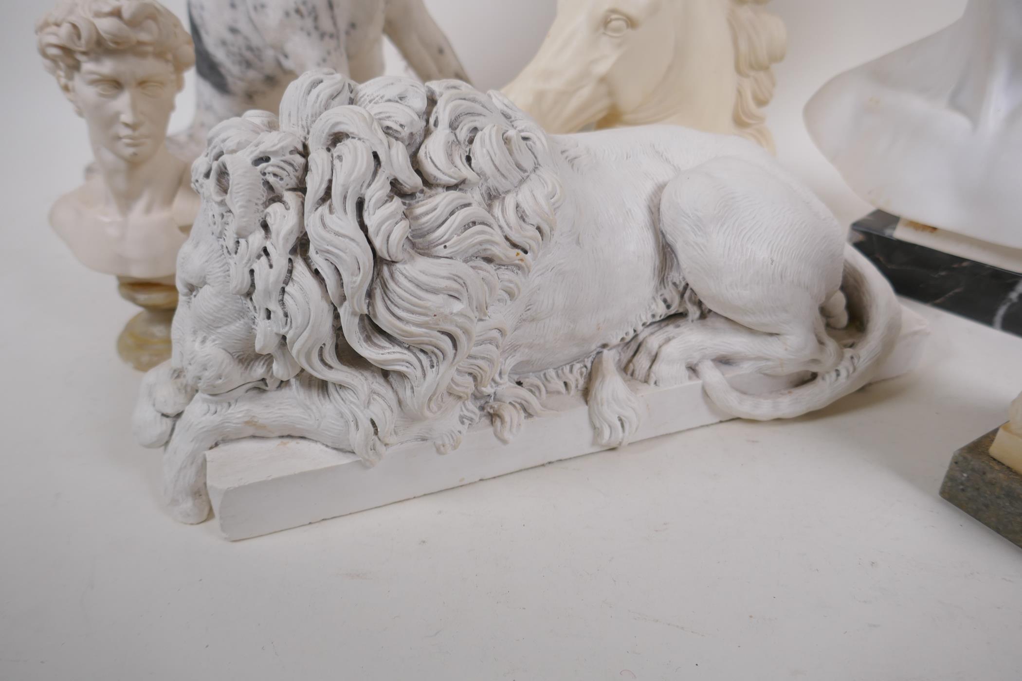 A composition figure of a hound, 35cm high, AF, and five other composition pieces, two heads of - Image 3 of 5