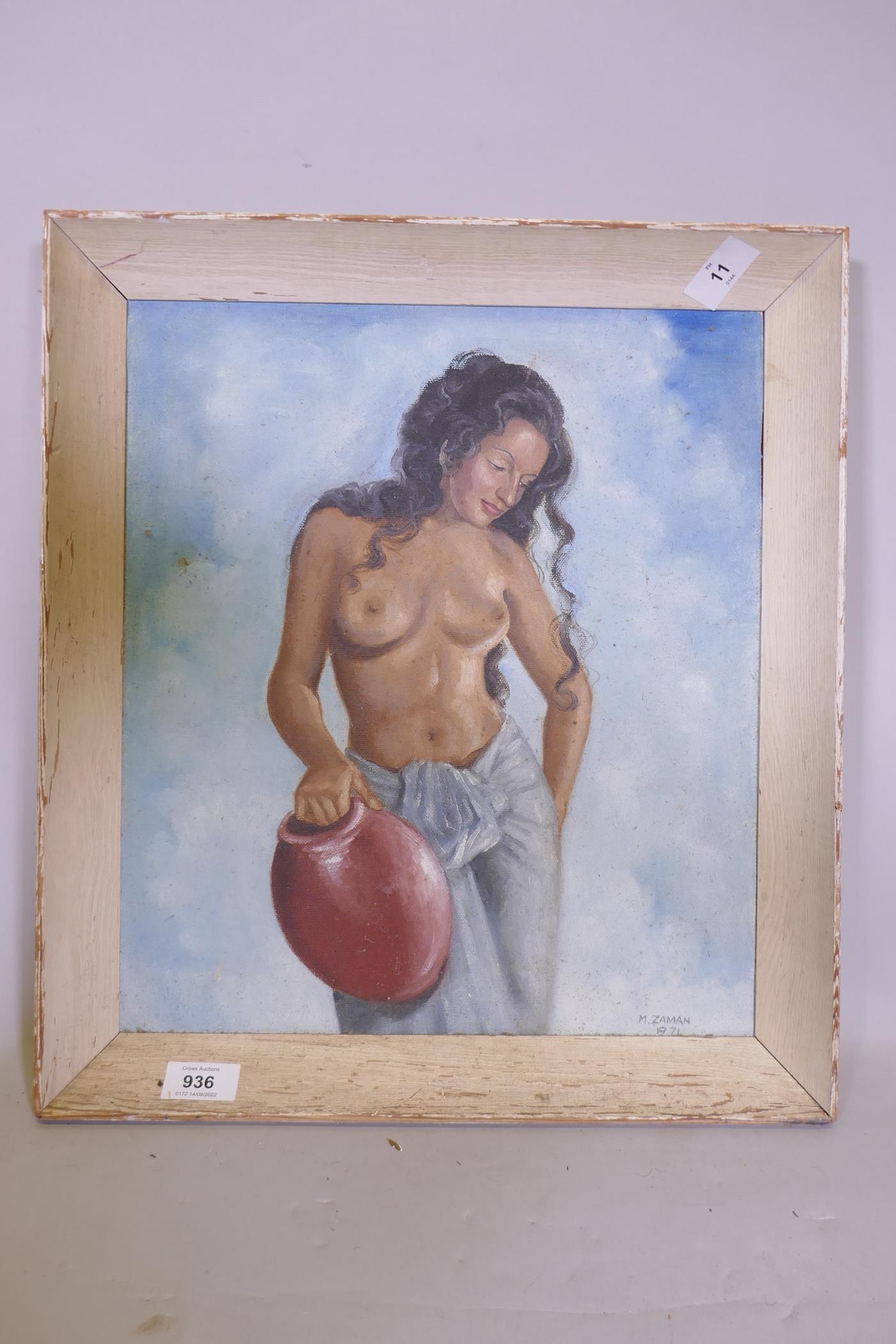 M. Zaman, study of an eastern woman, signed and dated 1971, oil on board, 34cm x 39cm - Image 2 of 5