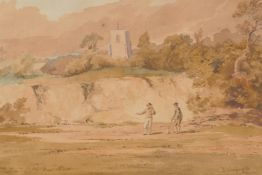 John Varley, rural landscape with two figures, C19th, signed, watercolour, 34cm x 23cm
