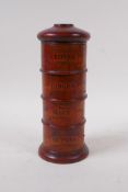 A treen four section spice tower for cloves, ginger, mace and nutmeg, 19cm high x 8cm diameter